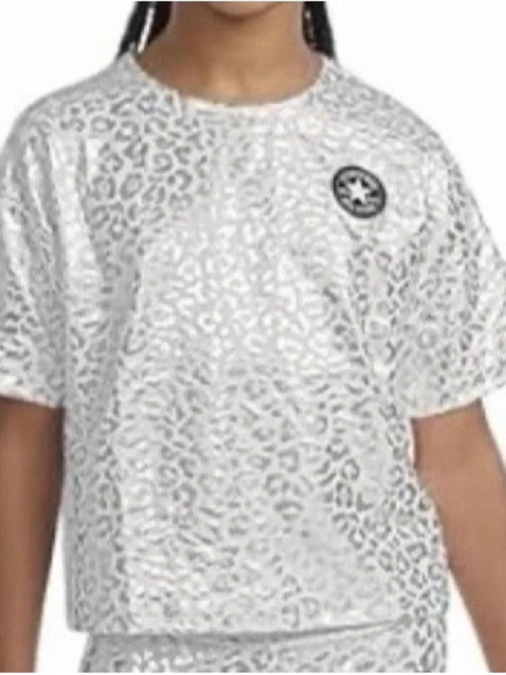 Converse Big Girl Metallic Silver Leopard Print Tee, XL
